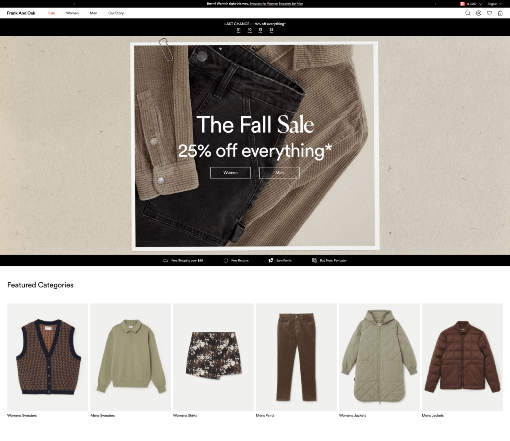 Frank and Oak homepage
